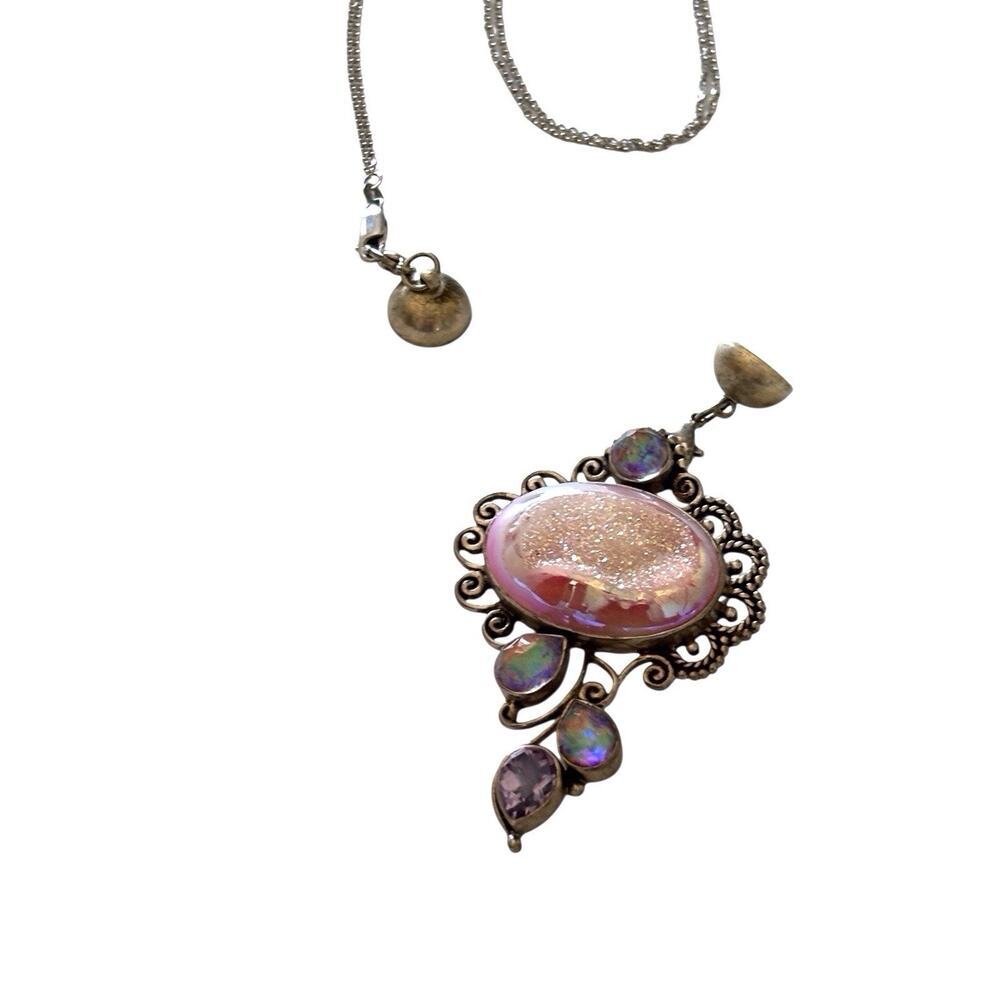 Sajen 925 Sterling Pink Druzy Pendant w/ Amethyst & Opal Triplets On 925 Chain - Picture 6 of 9